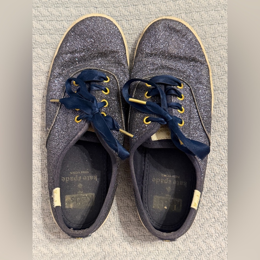 Keds x Kate Spade 2 Champion Glitter Navy Blue Girls Shoes Ribbon Laces